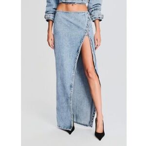 Retrofete Zahlia Skirt in Alani Lace up high slit denim maxi skirt Revol…